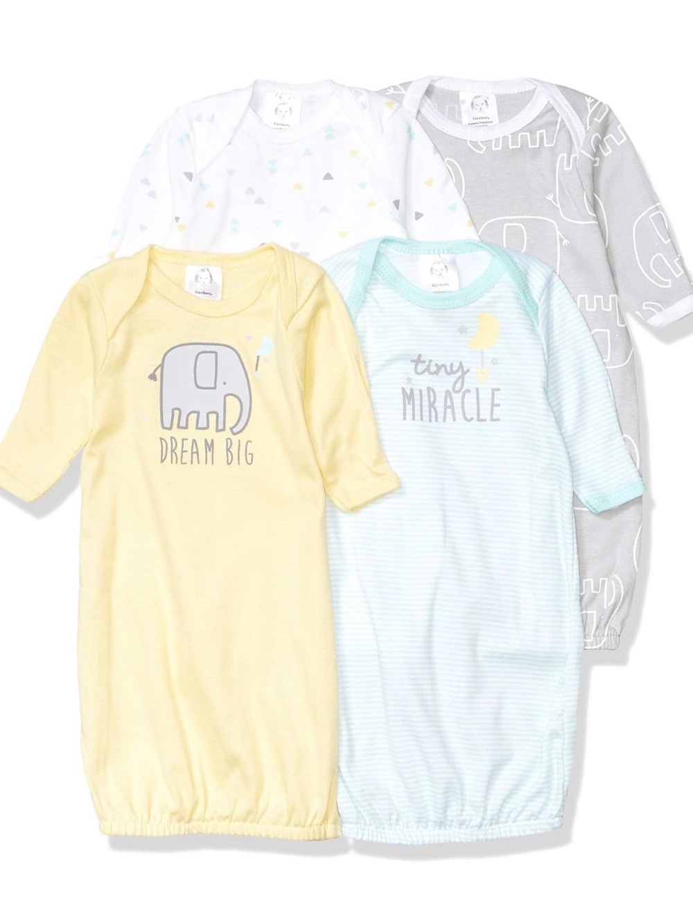 Gerber Baby Gown Set 4 Pack- Yellow, Light Blue, Gray, White